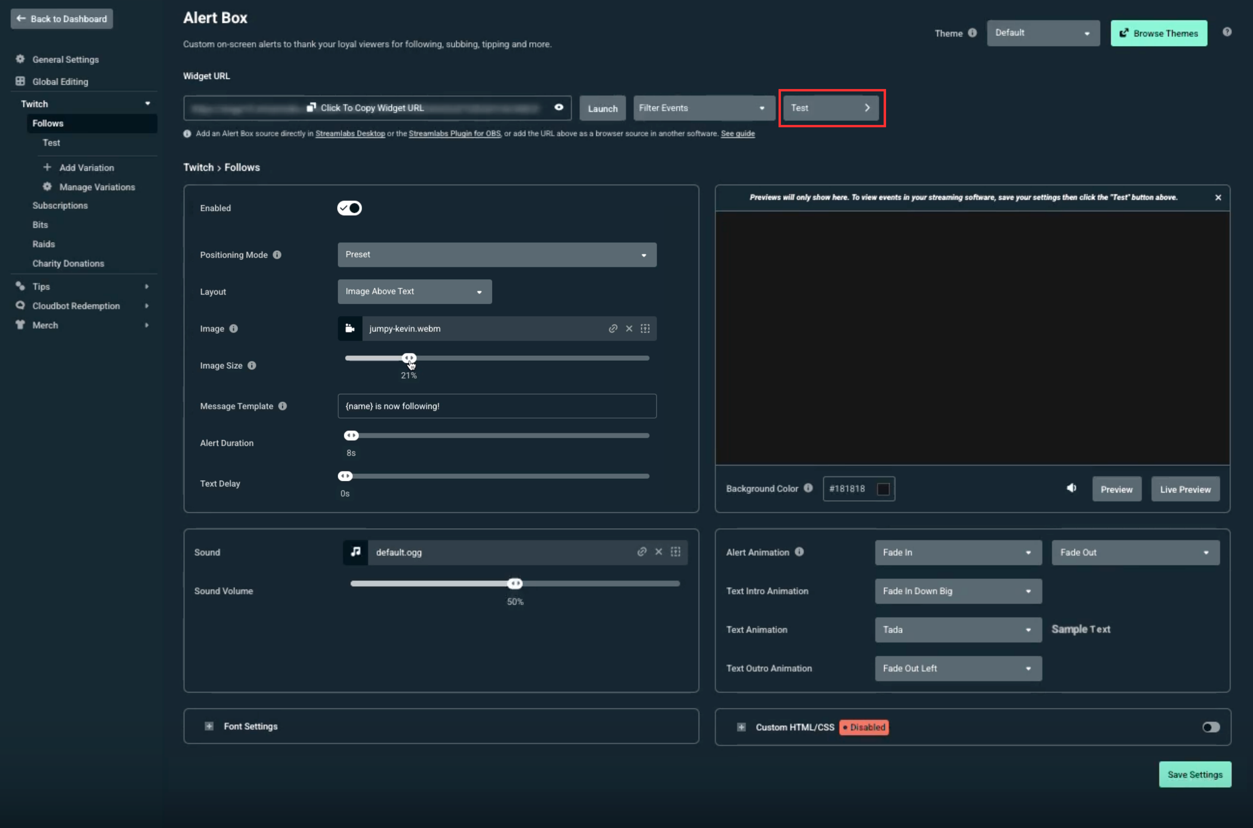 Testing alerts using the top right button within the dashboard alert box settings page